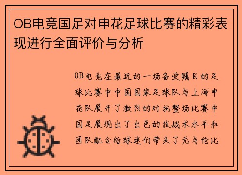 OB电竞国足对申花足球比赛的精彩表现进行全面评价与分析