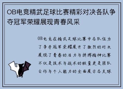 OB电竞精武足球比赛精彩对决各队争夺冠军荣耀展现青春风采