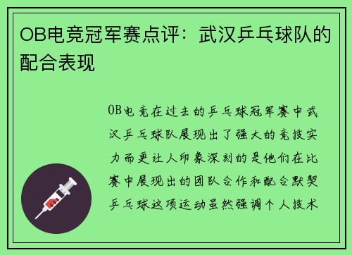 OB电竞冠军赛点评：武汉乒乓球队的配合表现
